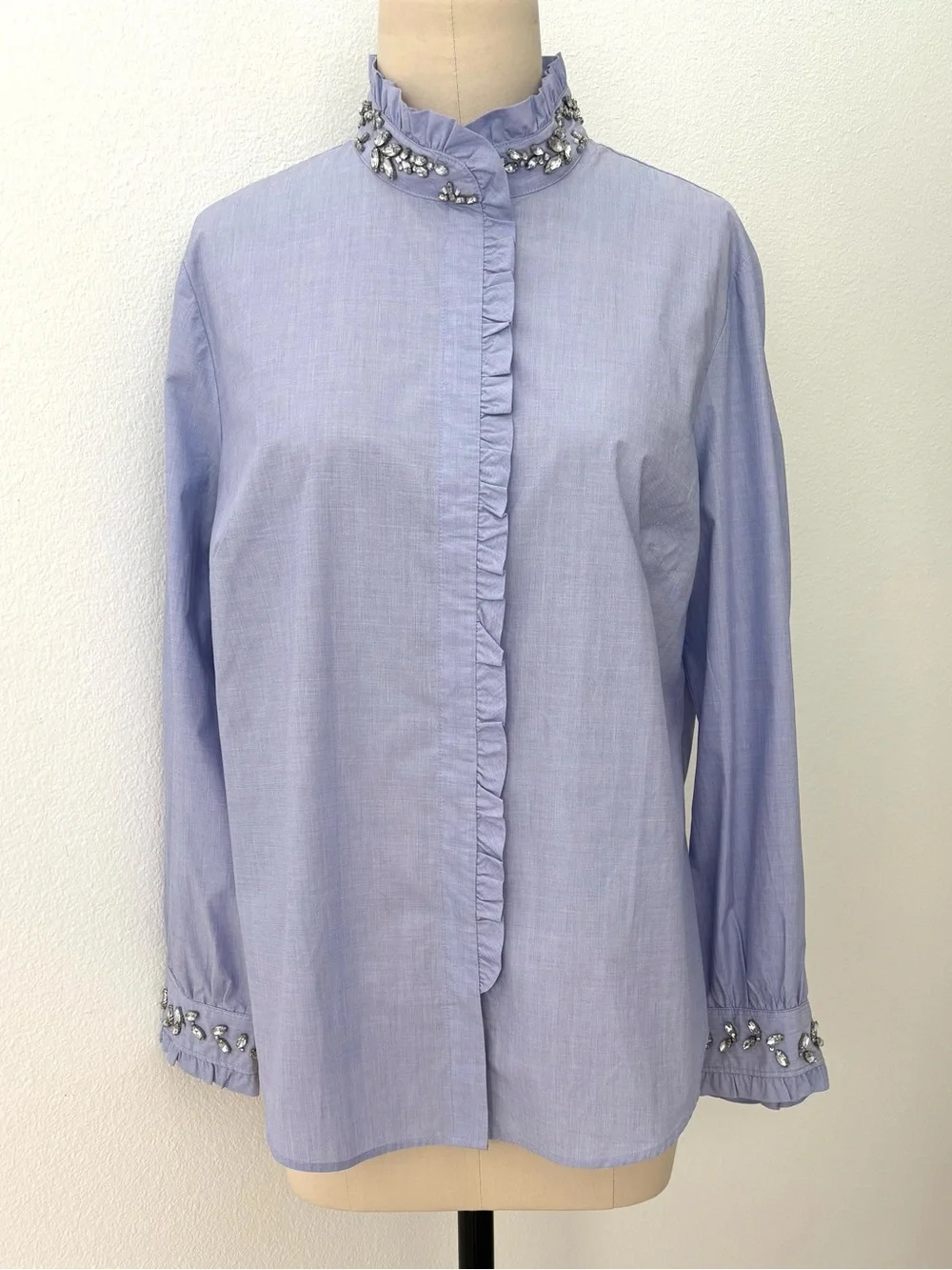 J.Crew Crystal Embellished Blouse NWT Blue Ruffle Collar & Cuff Cotton Size 16